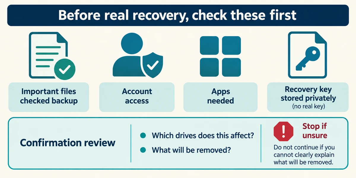 Recovery preparation checks backups, account access, needed apps and a privately stored recovery key, then affected drives and removals.