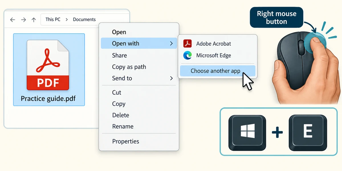 Right-click a practice PDF and use Open with or Choose another app.