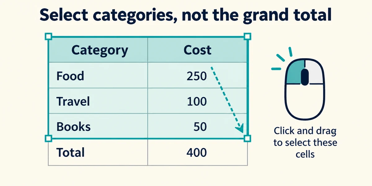 Select the category headings and values while leaving the grand total outside the chart range.