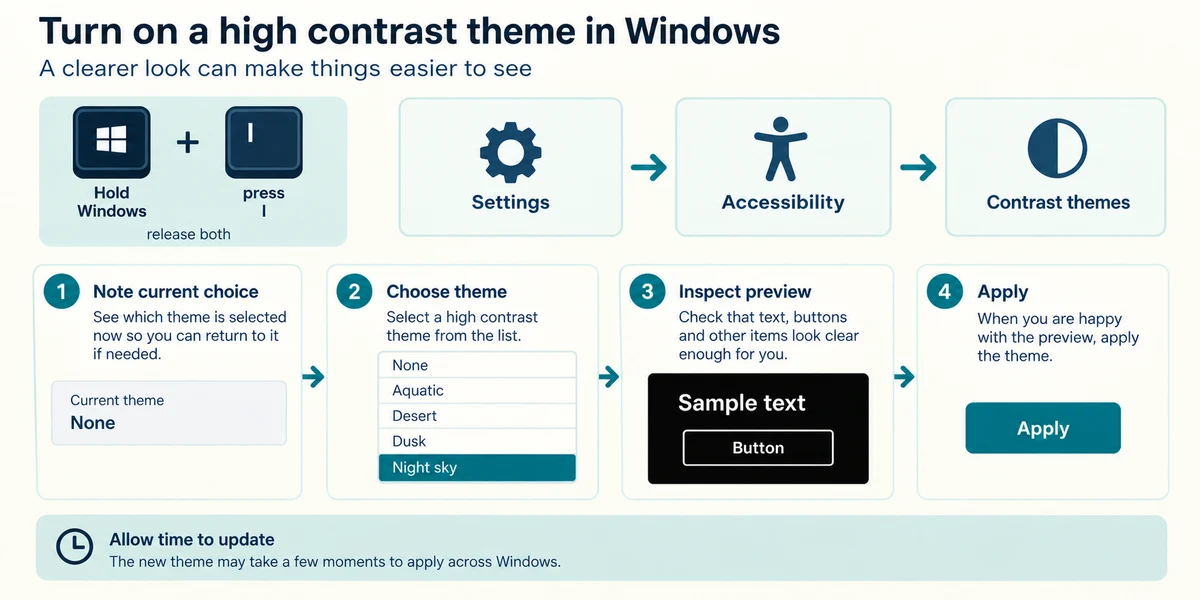 Open Contrast themes, note the current choice, inspect the preview and apply.