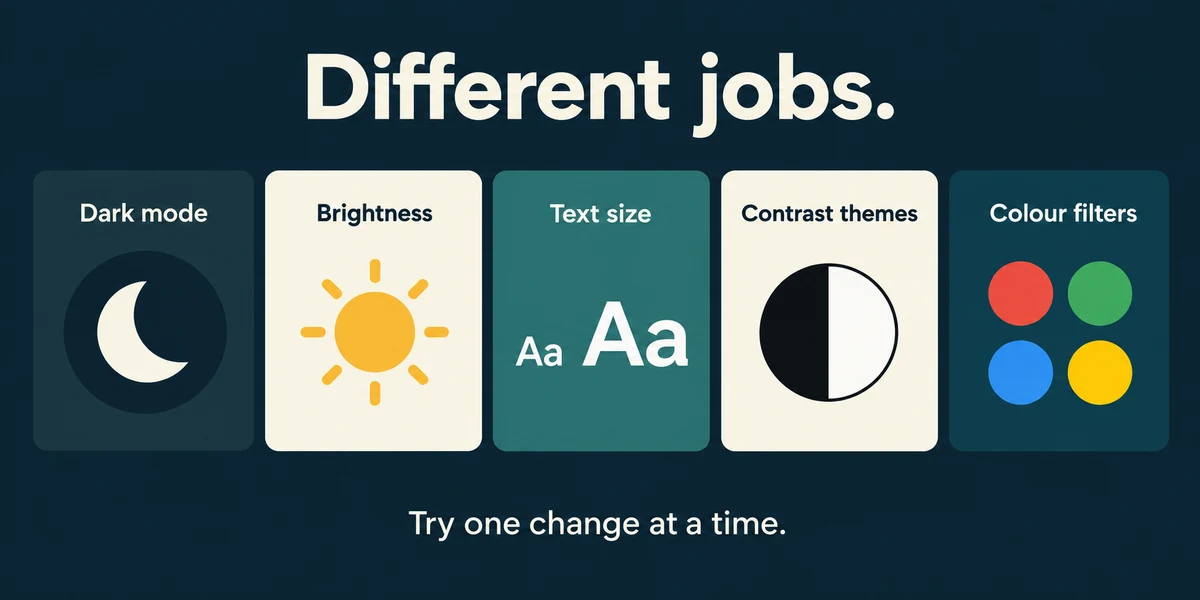 Dark mode, brightness, text size, contrast themes and colour filters have different purposes.