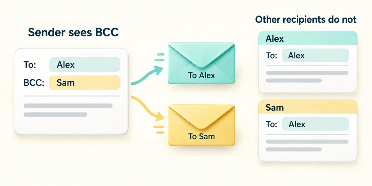 The sender sees the BCC recipient; both recipients see To Alex without another person's BCC address.