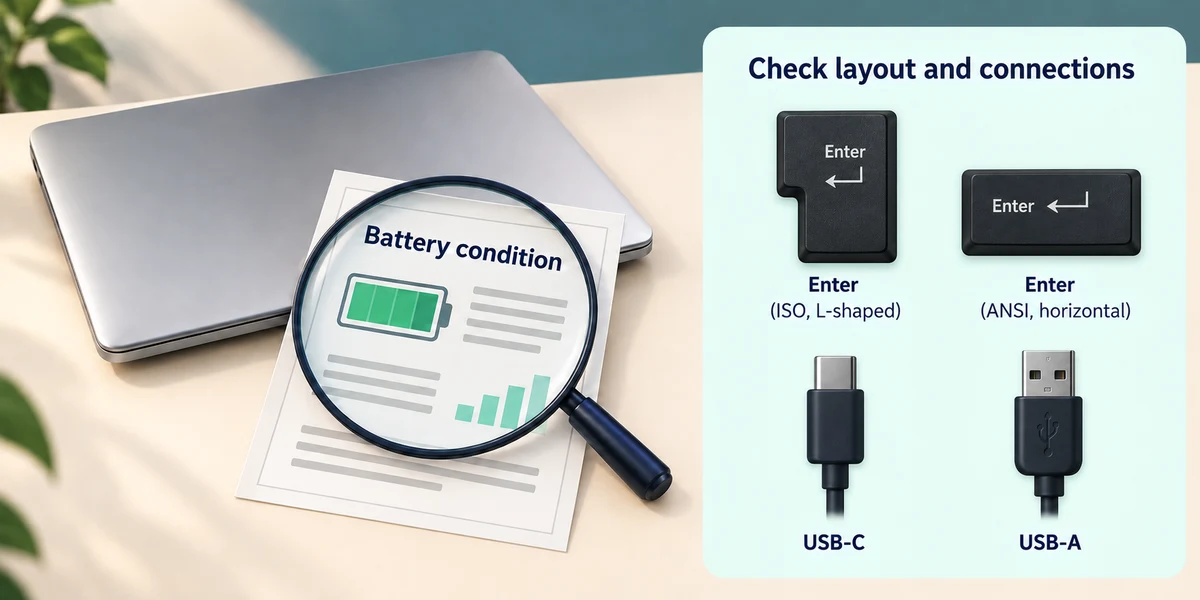 A tidy laptop still needs its battery condition, keyboard layout and connections checked.
