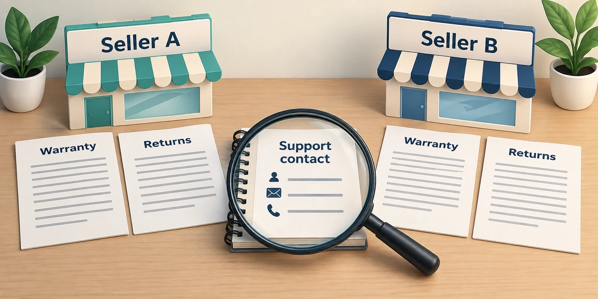 Warranty, returns and support contact details are checked for the particular seller.