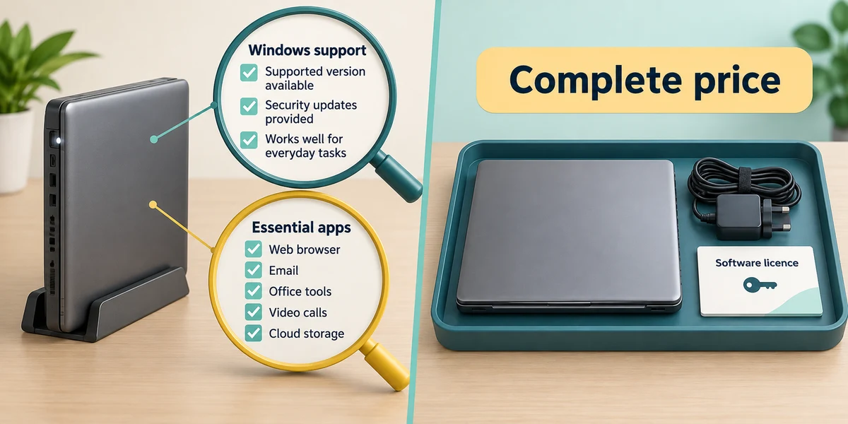An older computer needs current software support checks and a complete price including required accessories and licences.