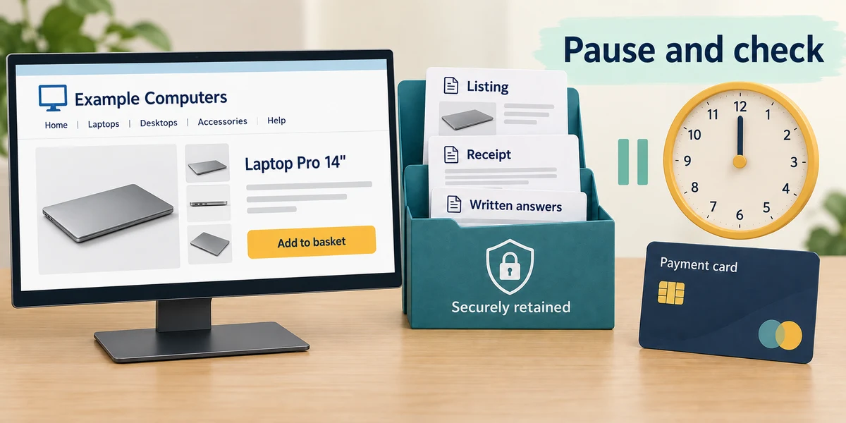 The listing, receipt and written answers are kept while purchase pressure is paused for checking.