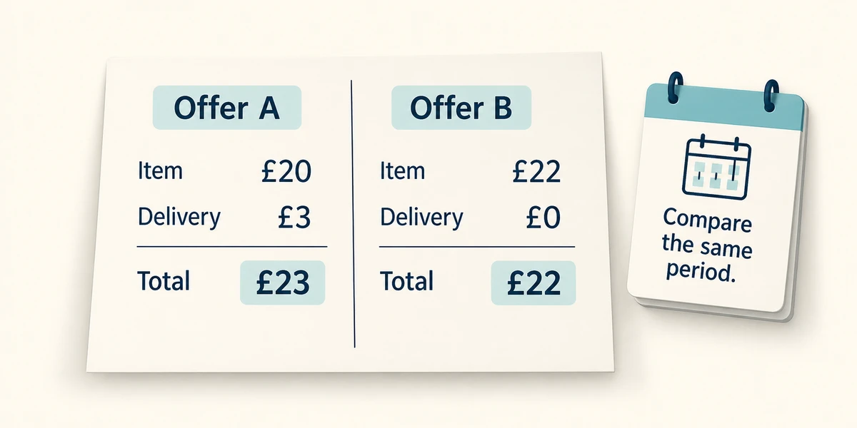 Offer A costs £20 plus £3 delivery, totalling £23; Offer B costs £22 with free delivery, totalling £22. Compare the same billing period.