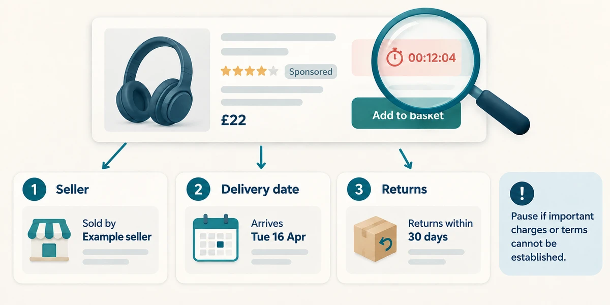 Check the seller, delivery date and returns rather than relying on a countdown.