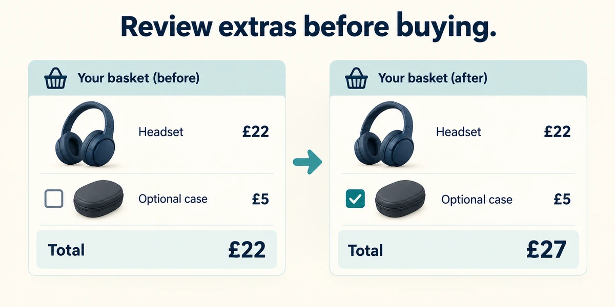 An optional £5 case raises the basket from £22 to £27.