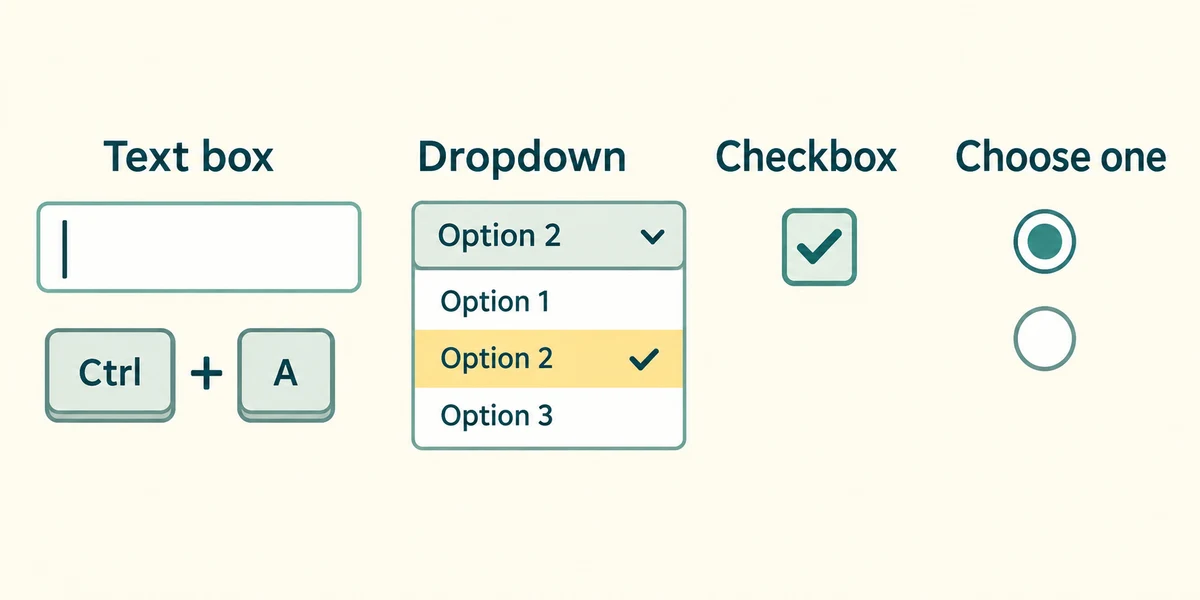 Text boxes, dropdowns, checkboxes and radio choices have different controls.