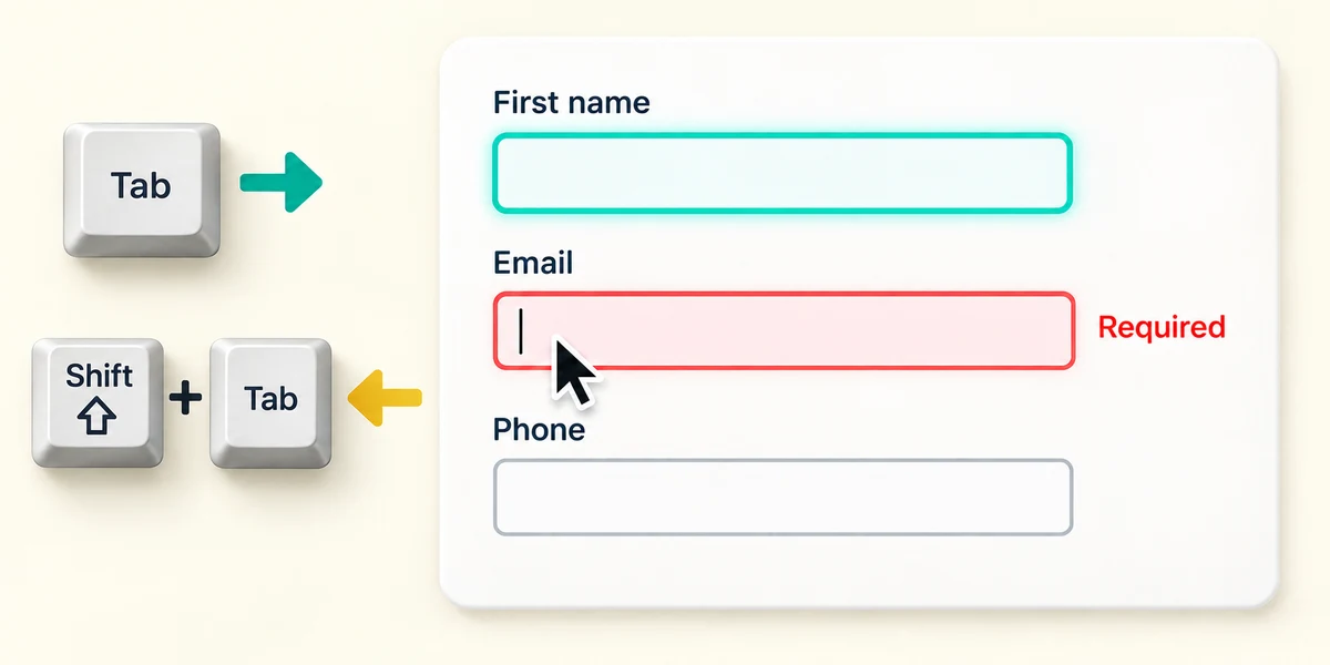 Tab moves forward through form fields; Shift plus Tab moves back to correct a marked field.