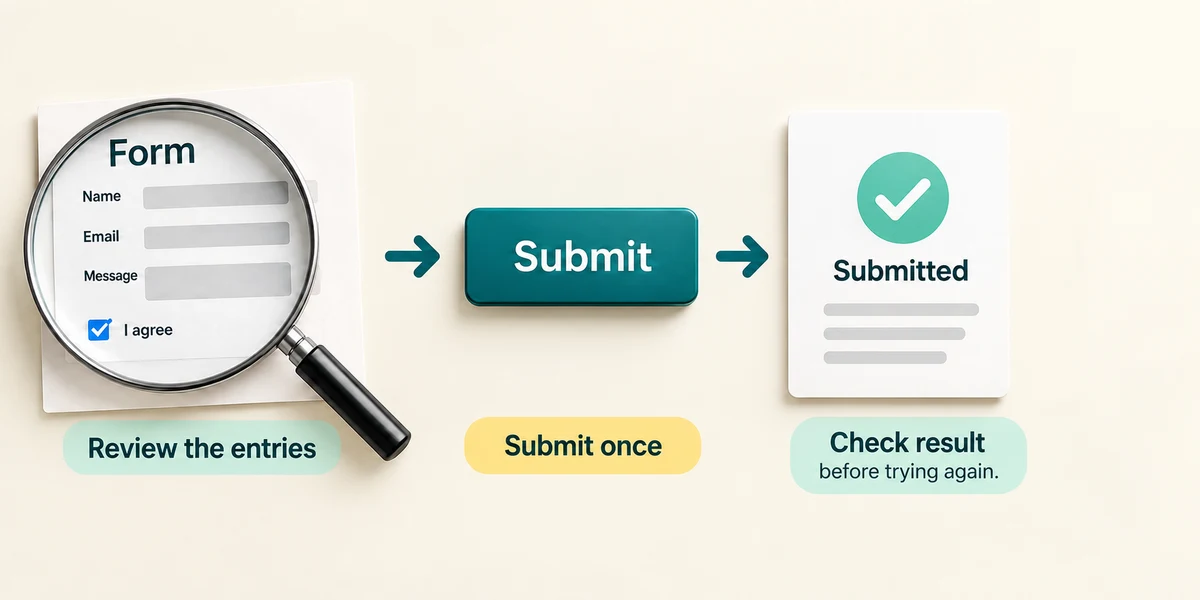 Review form entries, submit once and check the confirmation before trying again.