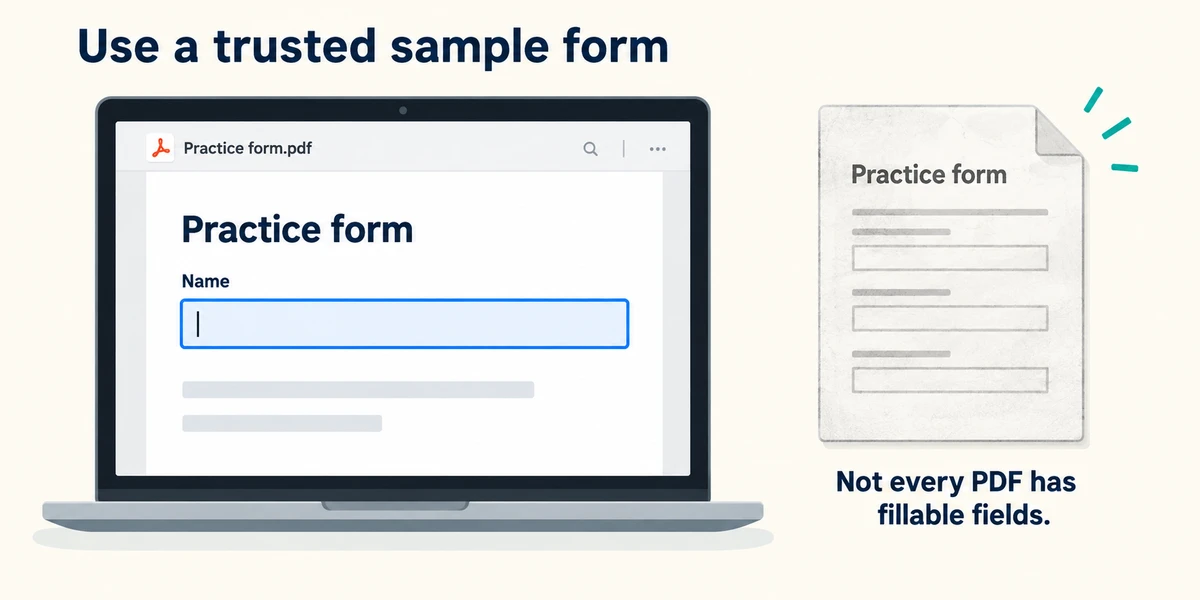 A sample PDF has a fillable Name field; a separate paper-like PDF shows that not every PDF supports form fields.