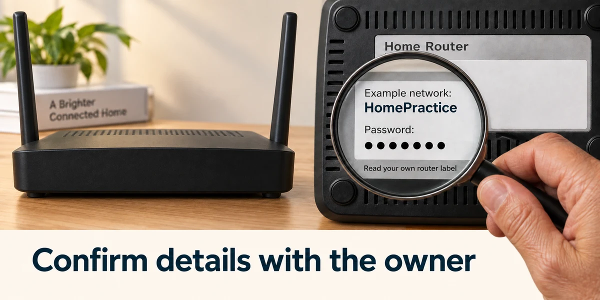 Confirm the example Wi-Fi network details with the owner and read your own router label.