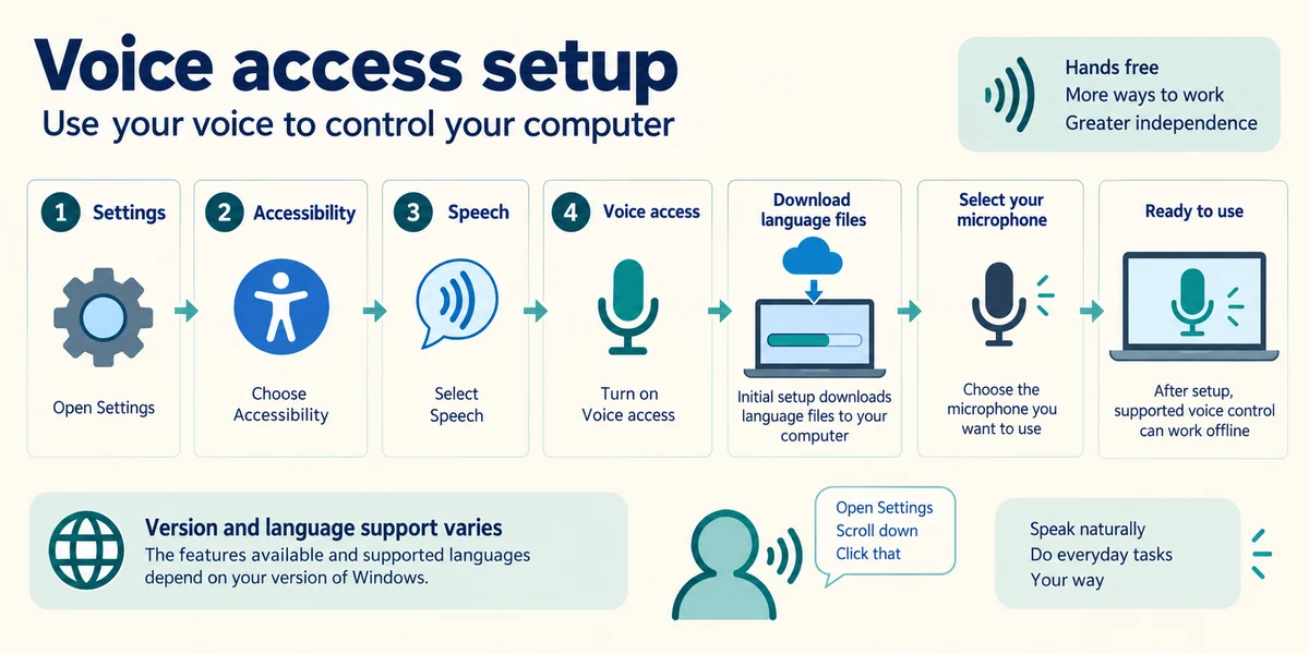 Voice access setup includes language files and microphone choice before supported offline use.