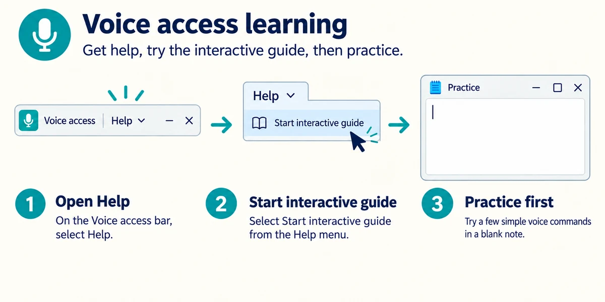 Use Help and Start interactive guide in Voice access before practising commands.