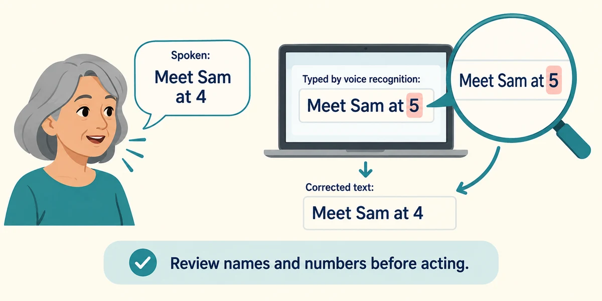 Compare spoken and recognised words to catch an incorrect number before acting.