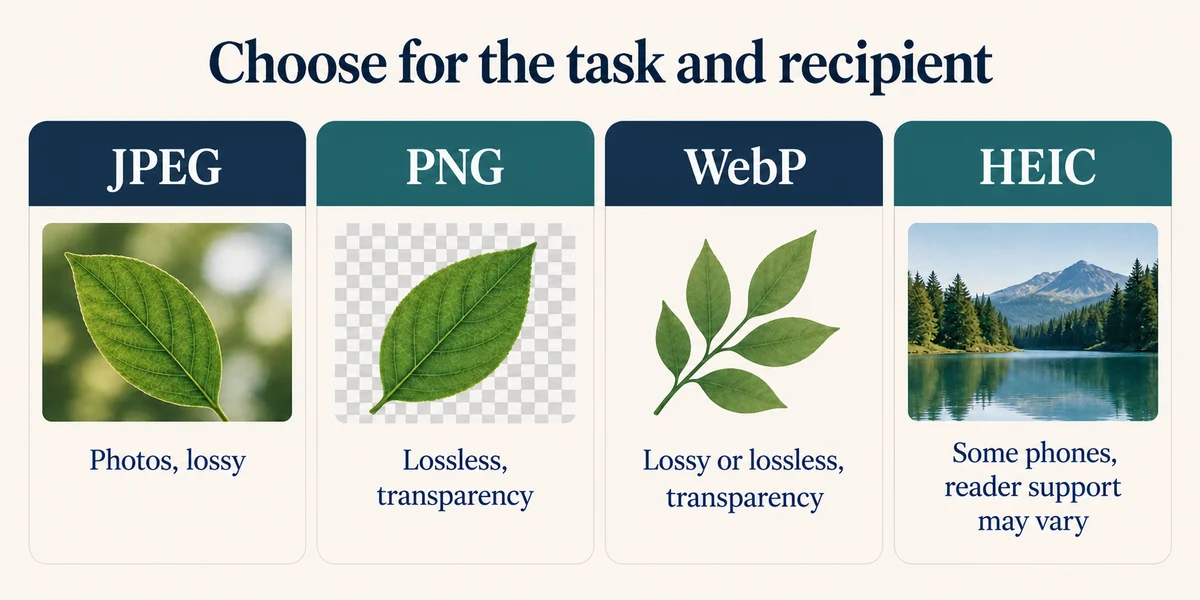 JPEG, PNG, WebP and HEIC have different features and compatibility.