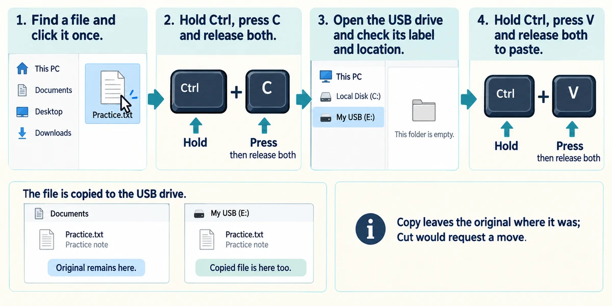 Ctrl+C and Ctrl+V copy Practice.txt to My USB (E:), leaving the original on the computer.