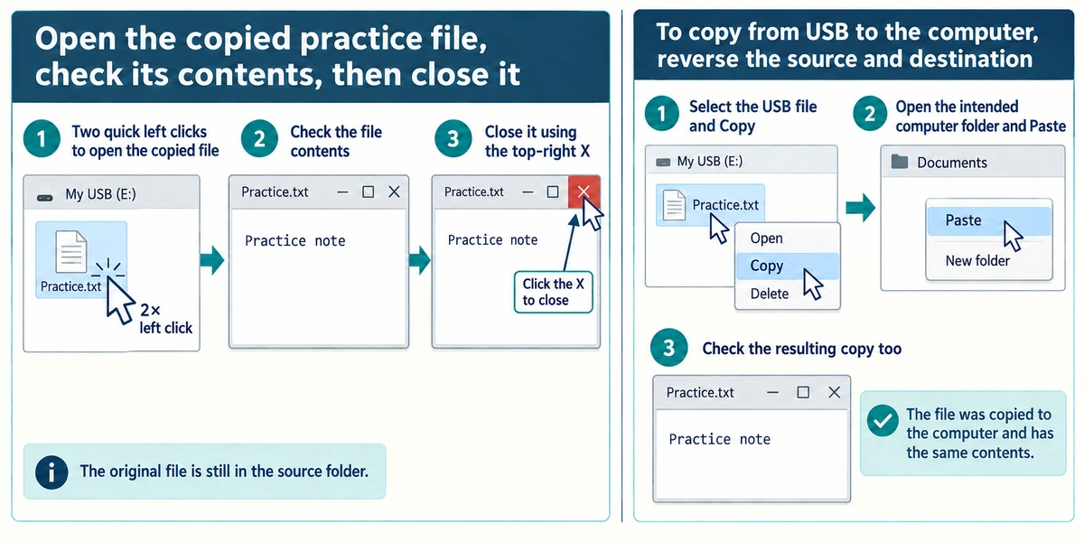 Practice.txt is opened and checked on the USB drive; copying back reverses the source and destination while retaining the source file.
