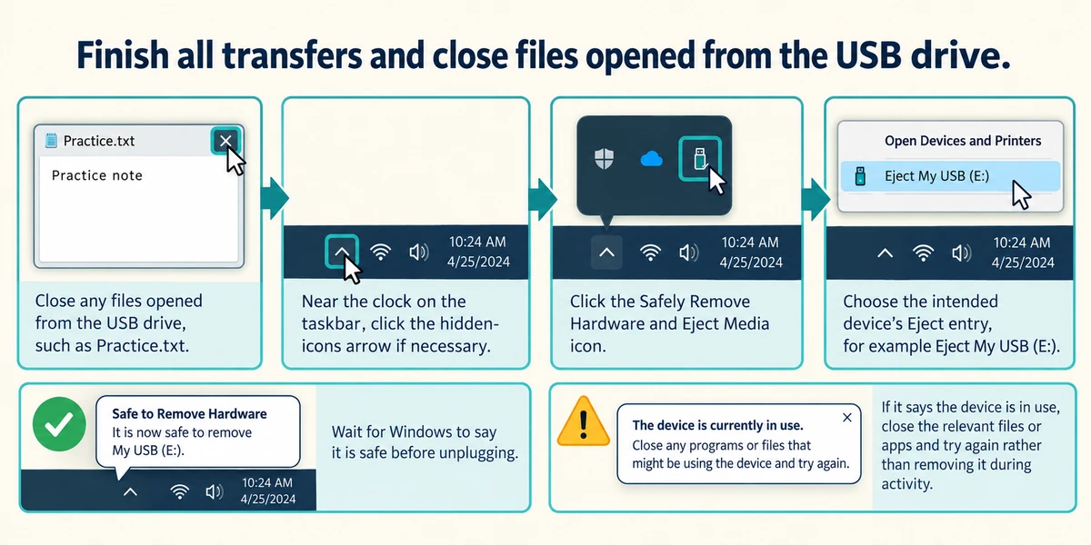 The taskbar eject control leads to the chosen USB drive and a safe-removal message; a device-in-use warning means wait.