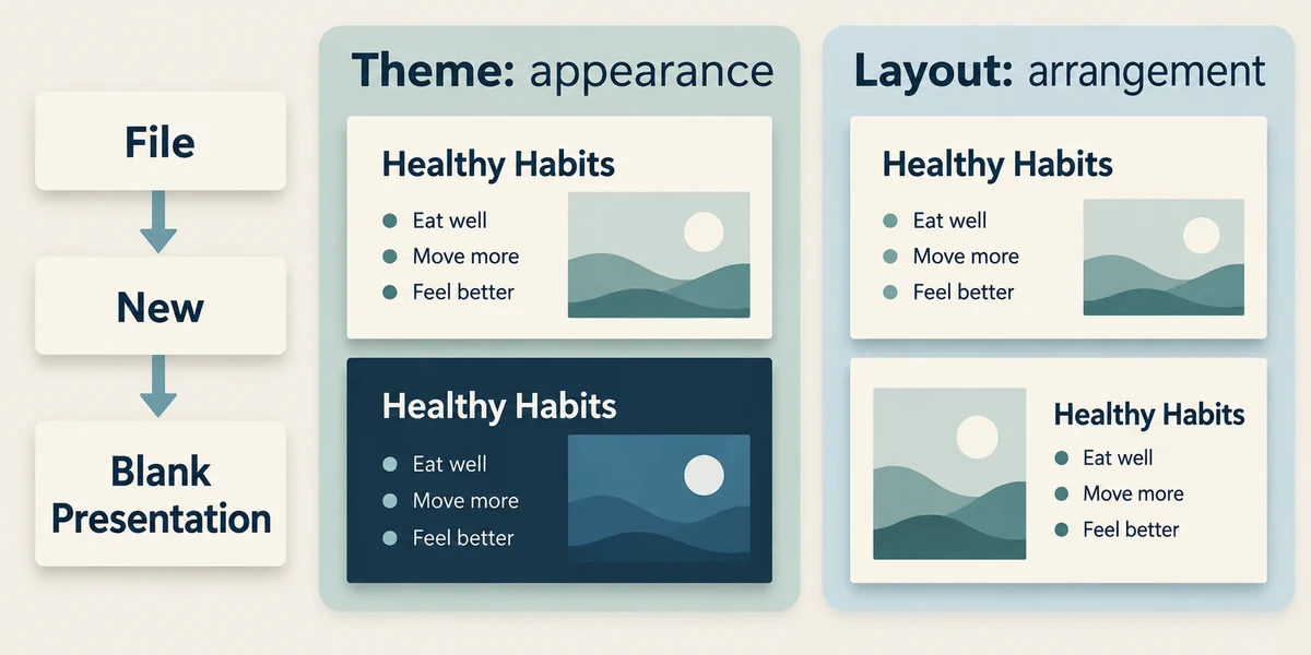 File, New, Blank Presentation route, with examples showing how a theme changes appearance and a layout changes arrangement.