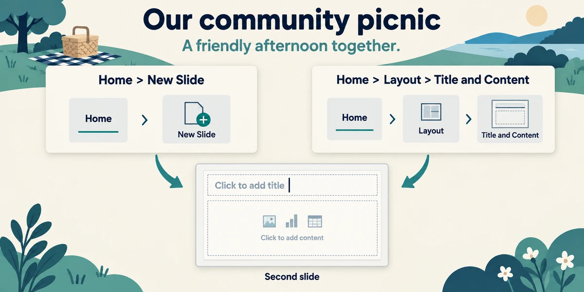 Add a new slide and choose its title and content layout.
