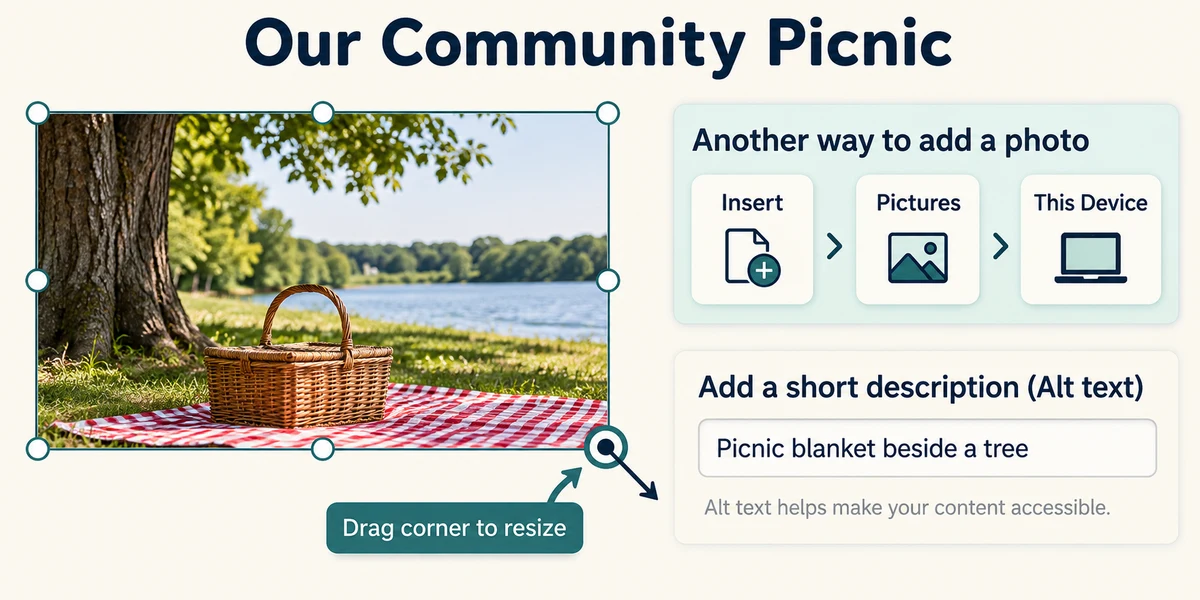 Resize a picture from its corner and add descriptive alternative text.