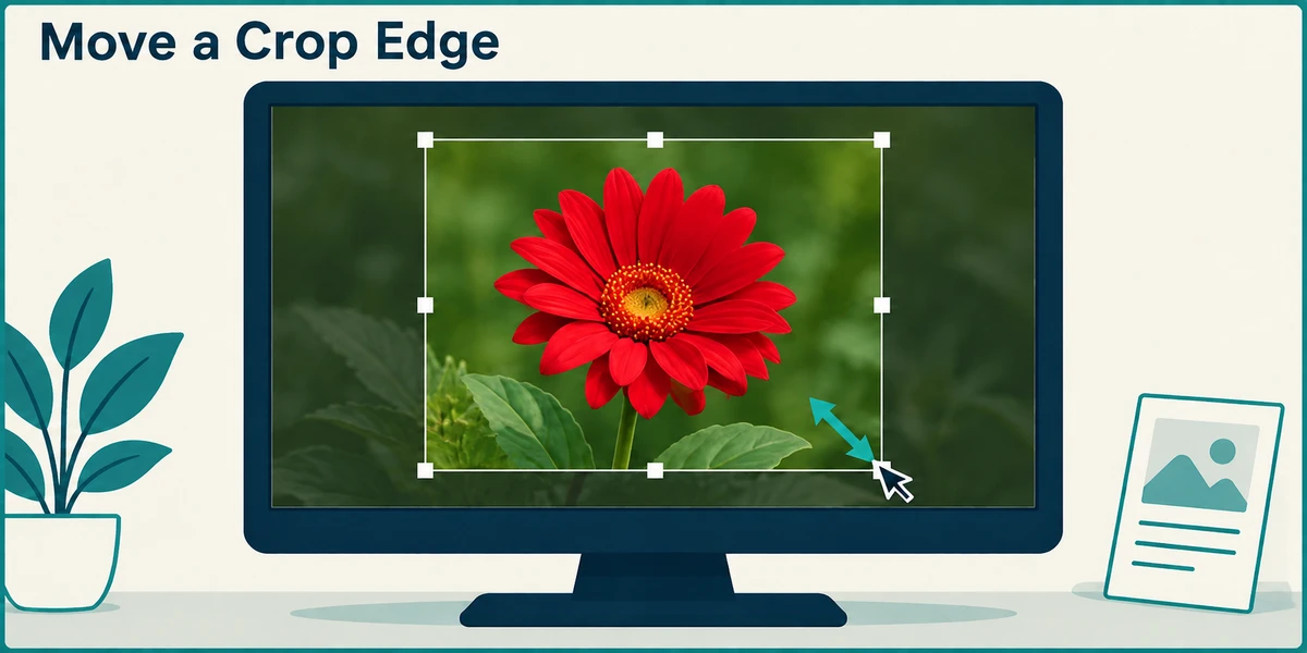 An inward arrow at the crop frame’s lower-right corner reduces the area retained around a red flower.