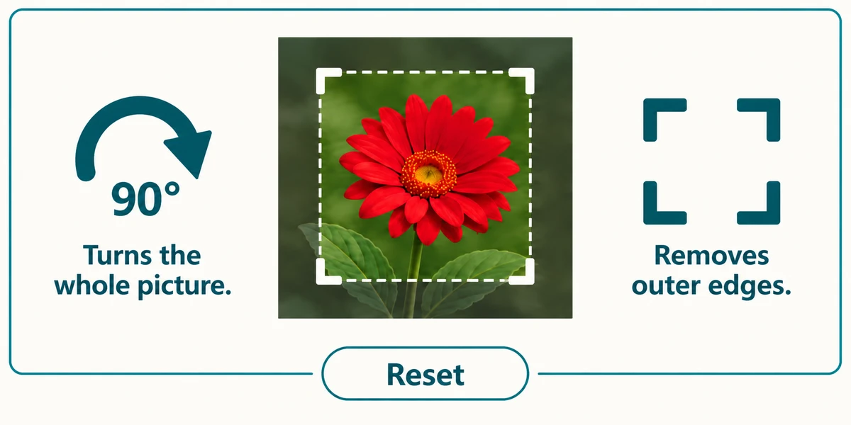 Rotate turns the whole flower picture 90 degrees; cropping removes outer edges, with Reset available.
