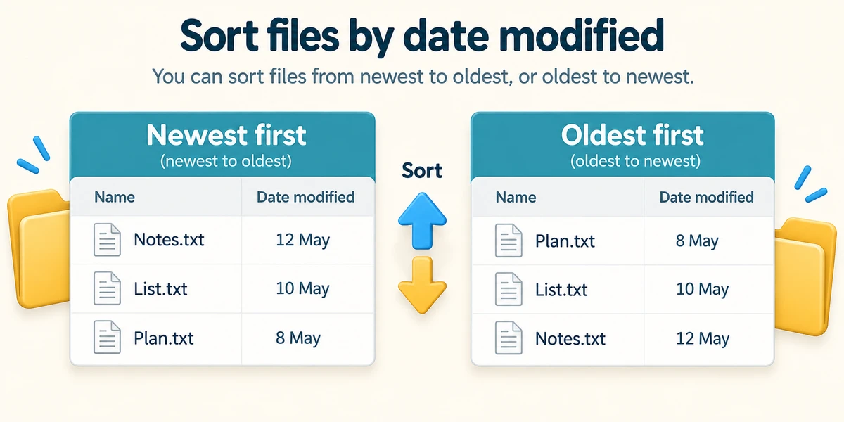 The same three files are ordered newest first and oldest first by their modification dates.