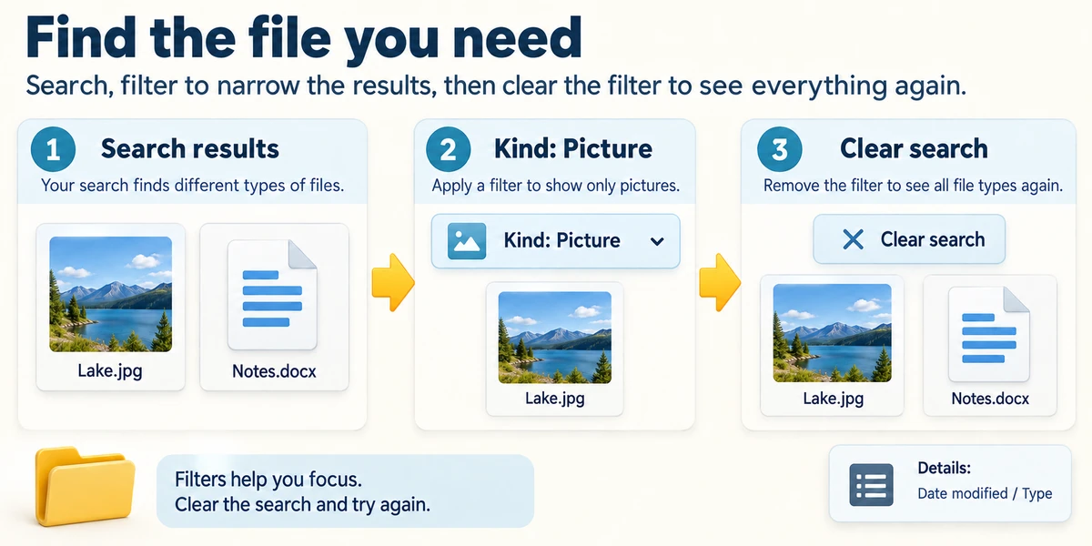 A picture filter narrows file results; clearing the search broadens them again.
