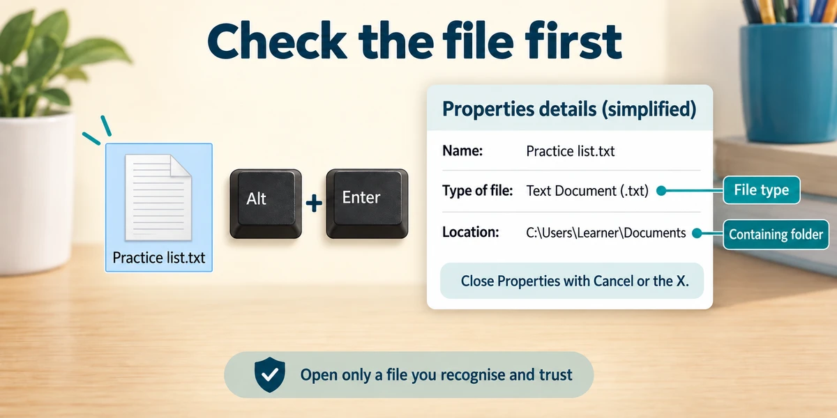 Select Practice list.txt and press Alt and Enter. A simplified Properties card identifies its file type and complete containing-folder path.