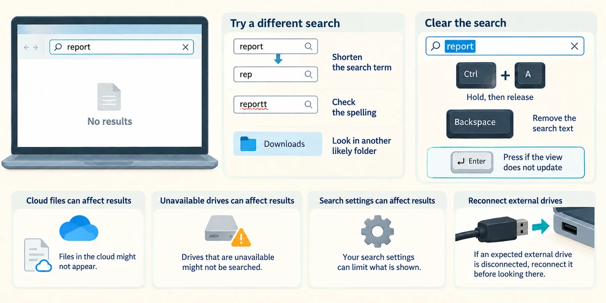 Clear or shorten a file search and check other folders or reconnected drives when no result appears.