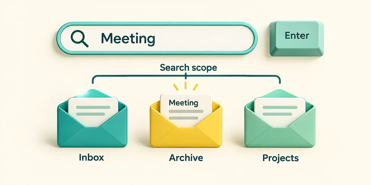 Search scope includes Inbox, Archive and Projects, revealing a matching archived message.