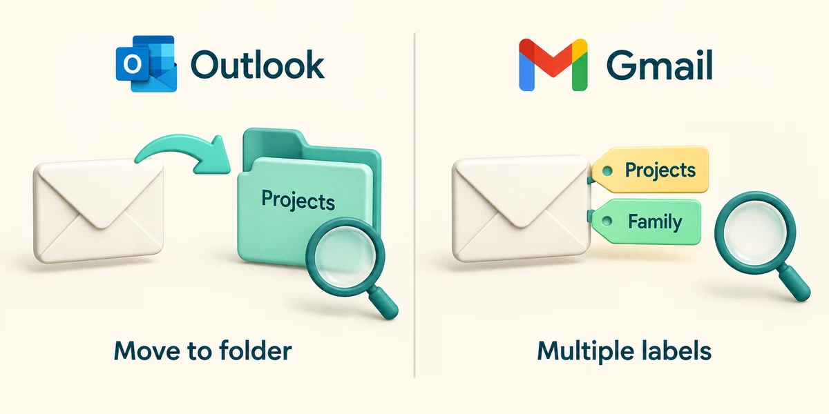 Outlook moves a message to a folder; Gmail can attach multiple labels to one message.