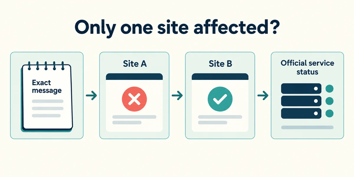 Compare another known website and check the affected service's official status.