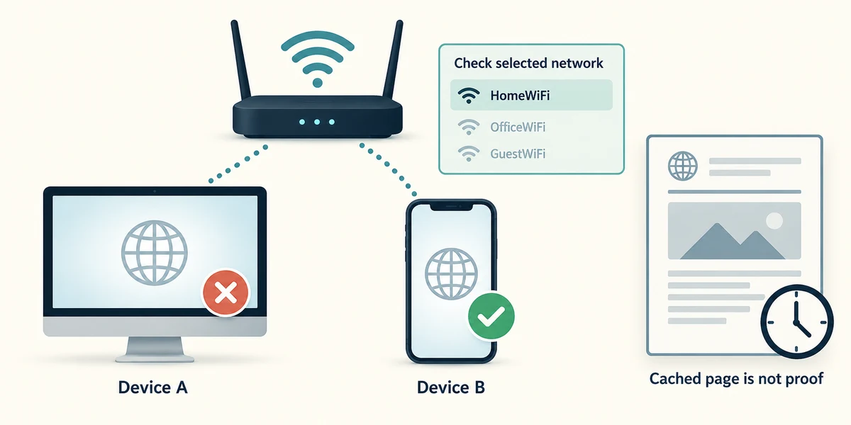 Compare devices on the same network and do not mistake a cached page for live access.