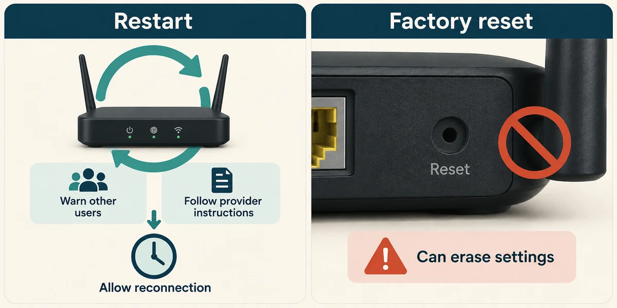 Restarting and factory resetting are different actions; avoid the recessed Reset button.