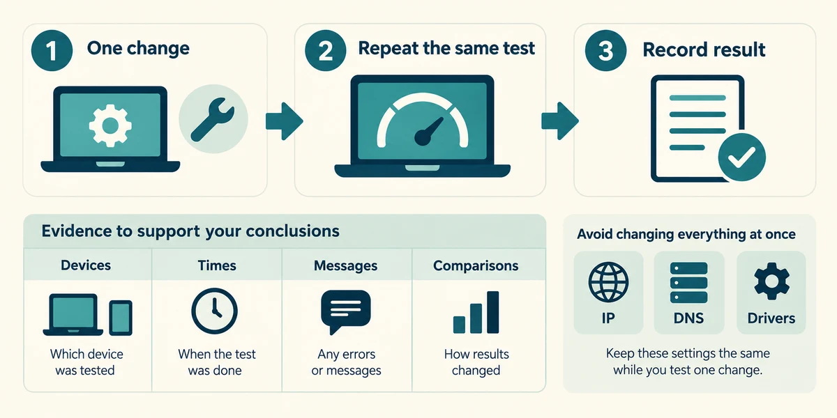 Repeat the same test after one change and collect useful evidence for support.