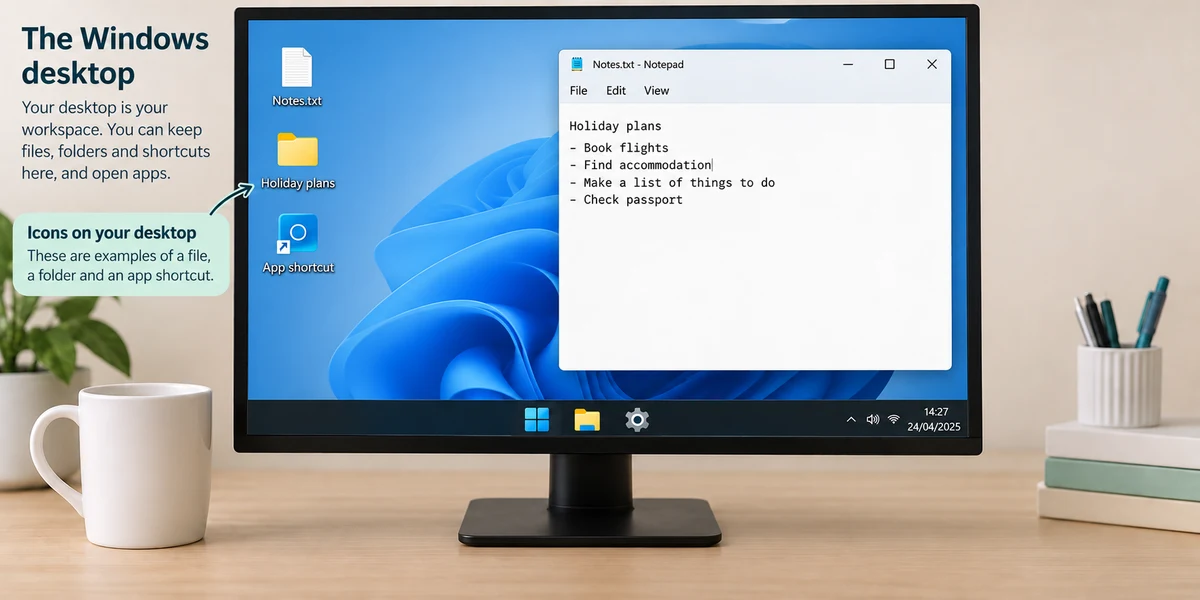 Desktop files, a folder and an app shortcut remain beside an open window and bottom taskbar.