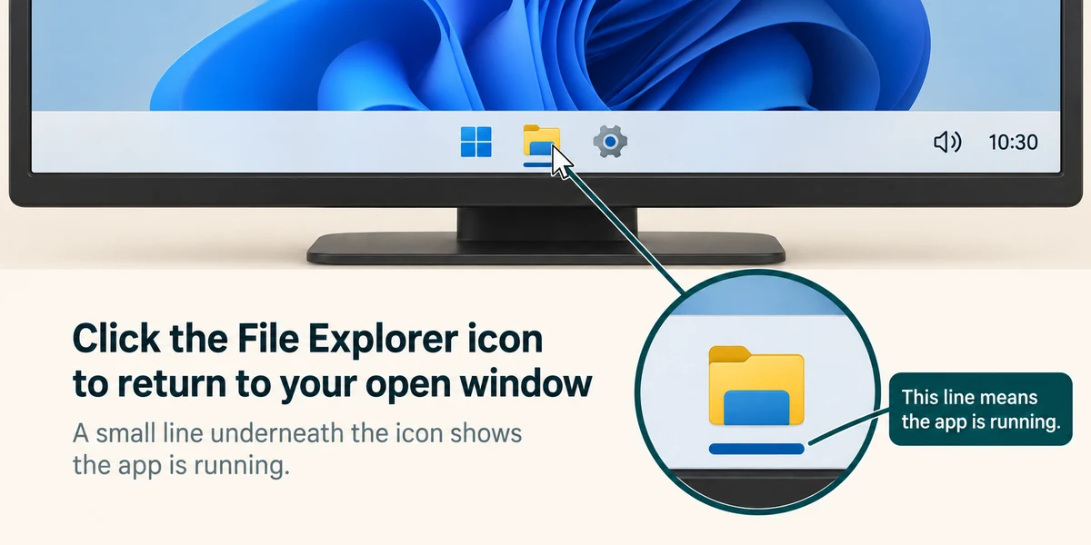 A close-up of the Windows taskbar highlights the running indicator under an app button.