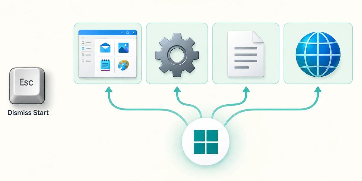 The Start symbol leads to app, settings, file and web result categories, with a separate Esc key.