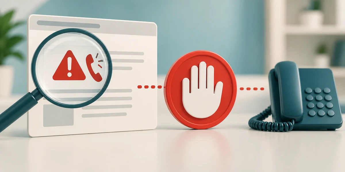 A warning webpage asking for a telephone call is interrupted by a stop symbol.