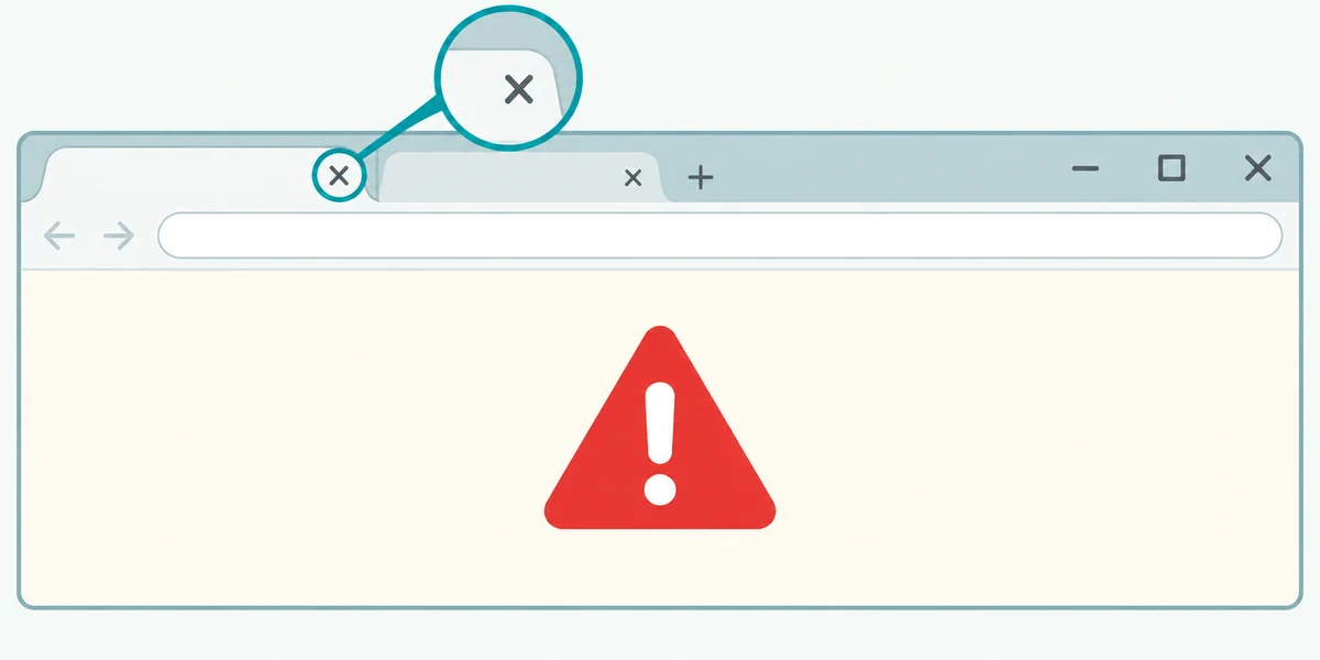 The real browser tab’s small X is highlighted above the warning webpage.