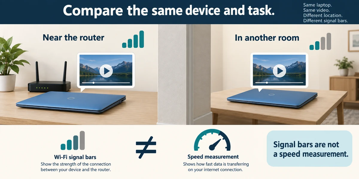 Compare the same device and task in two places; signal bars do not measure internet speed.