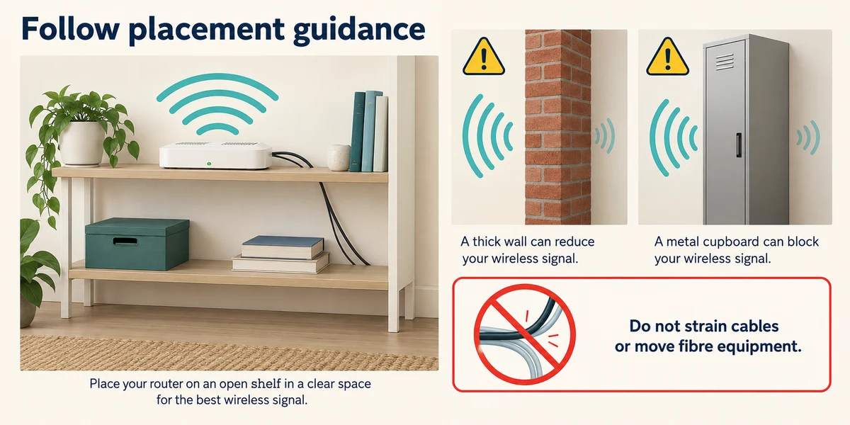 Use an open suitable router location; walls and metal can obstruct signals, and cables must not be strained.