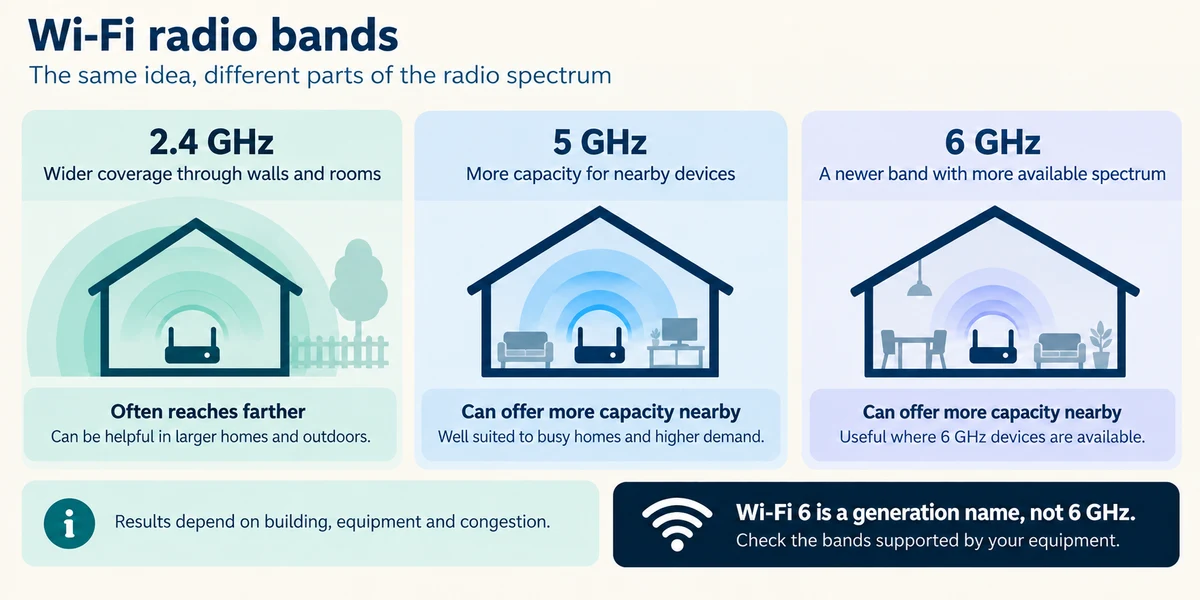 Radio bands have different trade-offs; Wi-Fi 6 is a generation name rather than a 6 GHz promise.