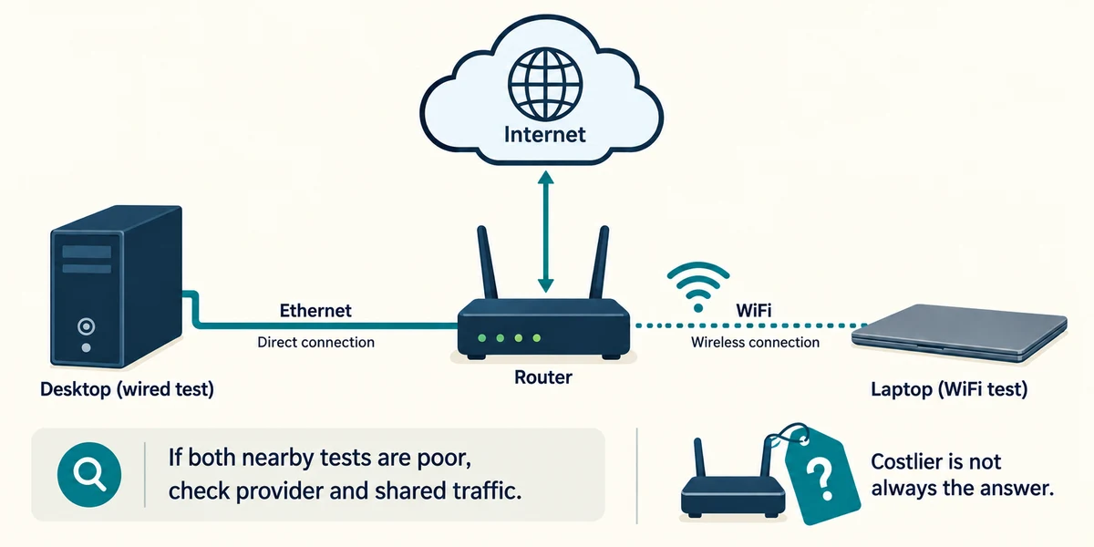 Ethernet avoids the wireless part of the route; poor wired and wireless tests may have another cause.