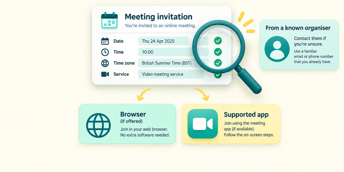 Check invitation date, time, time zone, service and organiser before choosing an available joining route.